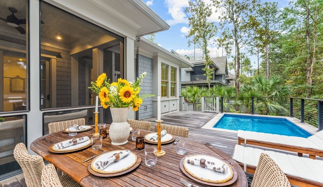 New build home with sparkling pool