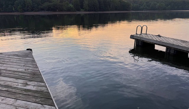 Plenty of Water on the main channel. Perched on a bluff with breathtaking sunrise views over the lake, this remodeled 2BR/1BA log cabin offers memory-foam beds, well-stocked granite kitchen (farm-fresh eggs!), covered deck, stone fire pit, huge dock. in Union Hall